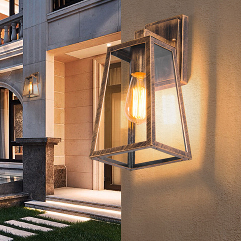 Iron Glass Lantern-Style Trapezoid 1-Light Wall Sconce Lamp