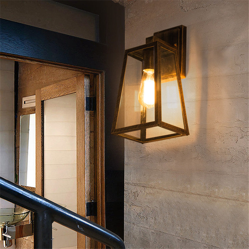 Iron Glass Lantern-Style Trapezoid 1-Light Wall Sconce Lamp