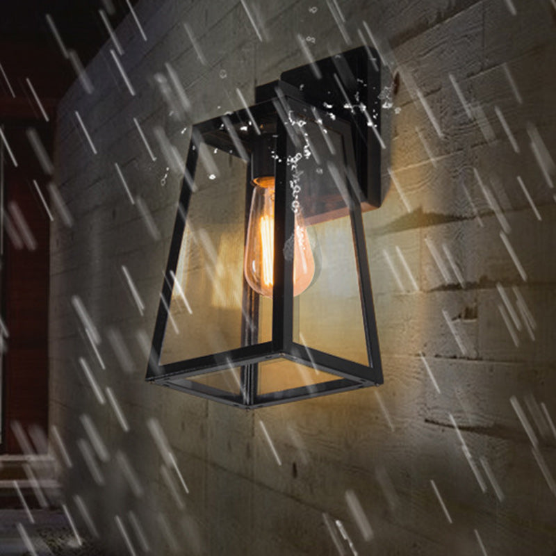 Iron Glass Lantern-Style Trapezoid 1-Light Wall Sconce Lamp