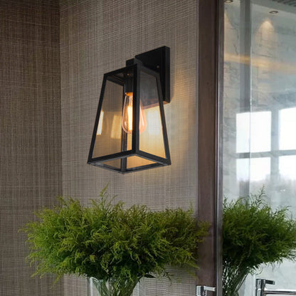 Iron Glass Lantern-Style Trapezoid 1-Light Wall Sconce Lamp