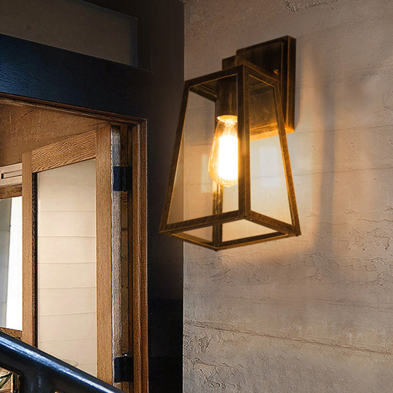 Iron Glass Lantern-Style Trapezoid 1-Light Wall Sconce Lamp