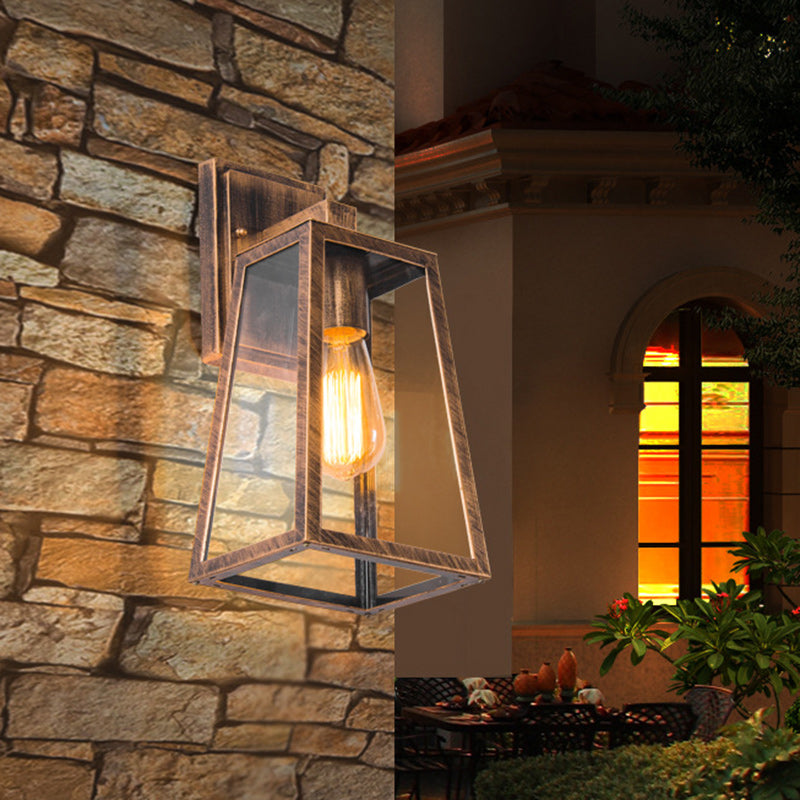 Iron Glass Lantern-Style Trapezoid 1-Light Wall Sconce Lamp