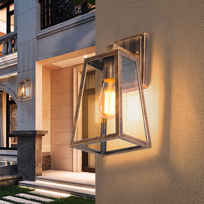 Iron Glass Lantern-Style Trapezoid 1-Light Wall Sconce Lamp