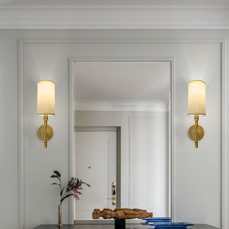 Linen Brass Round Cylindrical 1-Light Wall Sconce Lamp