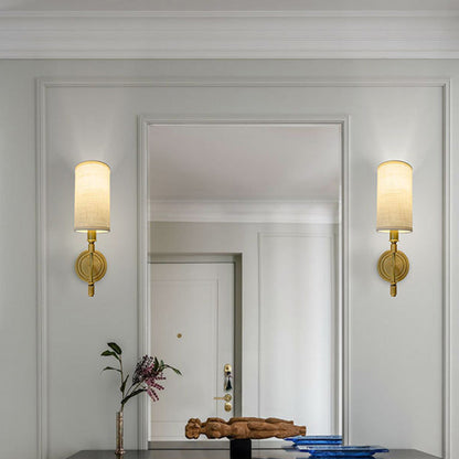 Linen Brass Round Cylindrical 1-Light Wall Sconce Lamp