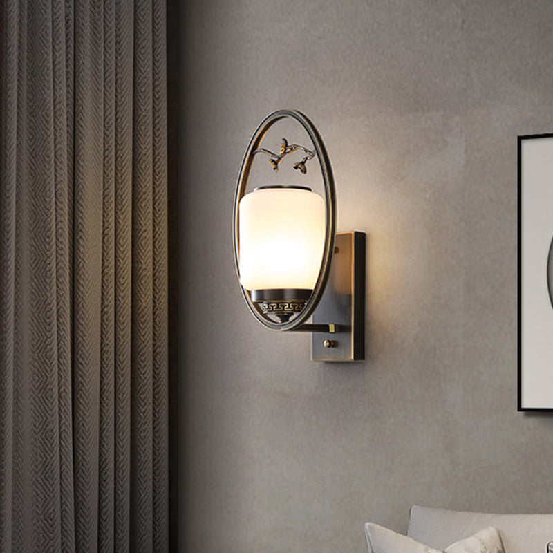 Chinese Fan-Shaped Elliptical 1-Light Wall Sconce Lamp