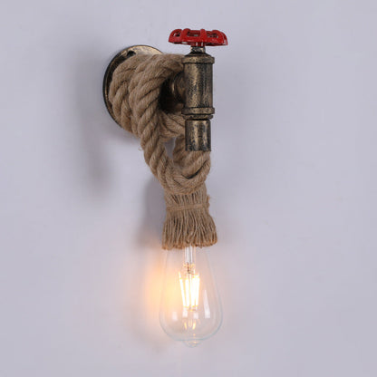 Industrial Hemp Rope Iron Faucet 1-Light Wall Sconce Lamp