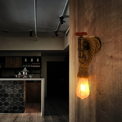 Industrial Hemp Rope Iron Faucet 1-Light Wall Sconce Lamp