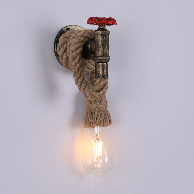 Industrial Hemp Rope Iron Faucet 1-Light Wall Sconce Lamp
