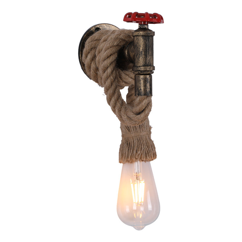 Industrial Hemp Rope Iron Faucet 1-Light Wall Sconce Lamp