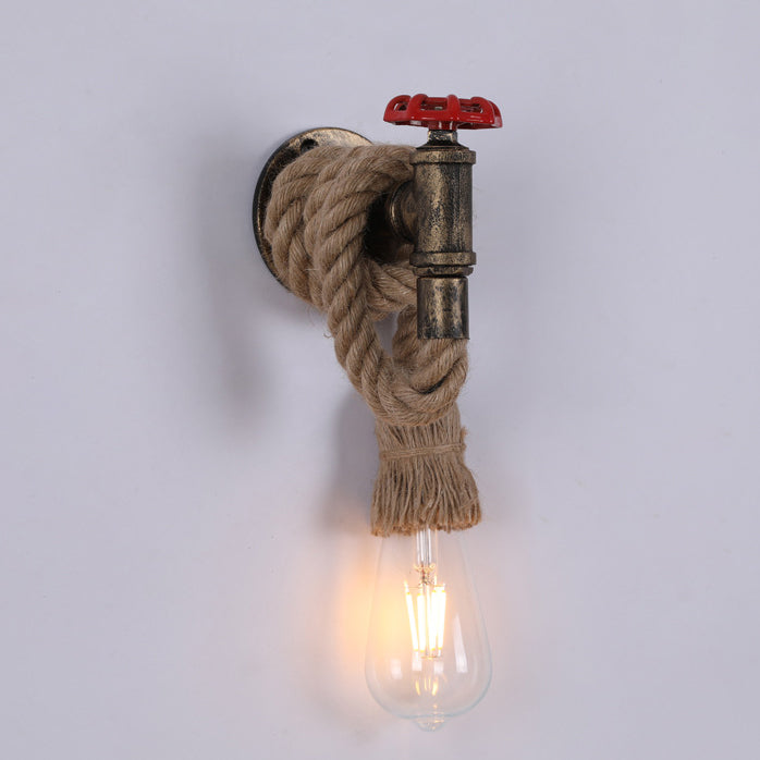 Industrial Hemp Rope Iron Faucet 1-Light Wall Sconce Lamp
