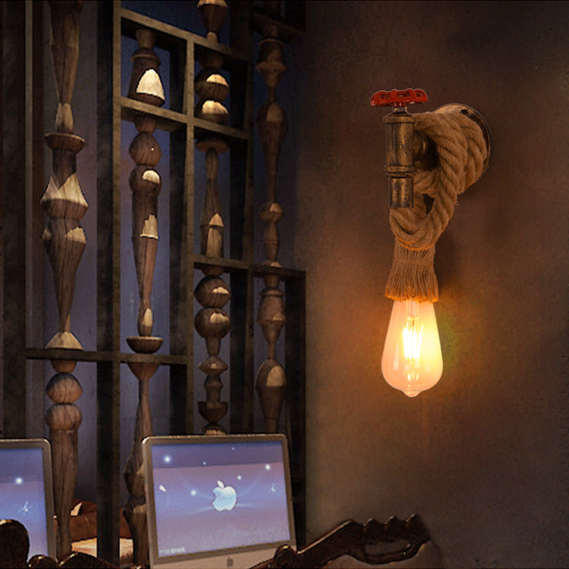 Industrial Hemp Rope Iron Faucet 1-Light Wall Sconce Lamp