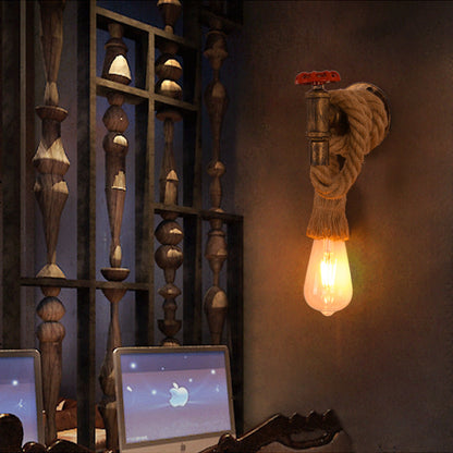Industrial Hemp Rope Iron Faucet 1-Light Wall Sconce Lamp
