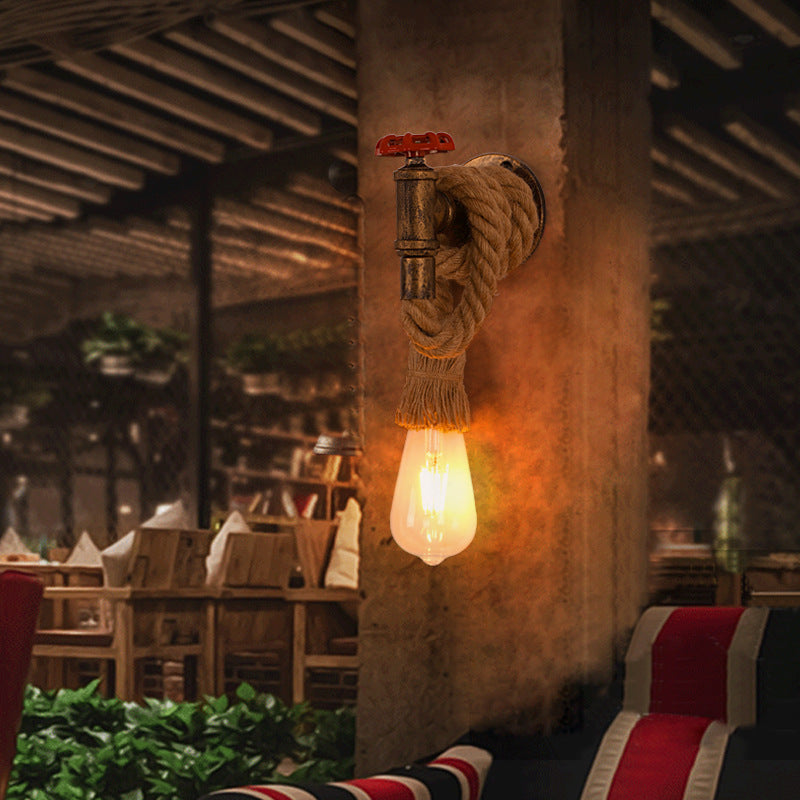 Industrial Hemp Rope Iron Faucet 1-Light Wall Sconce Lamp
