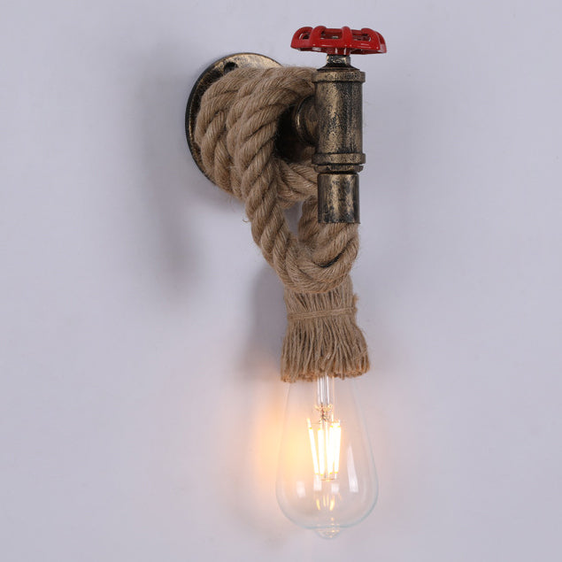 Industrial Hemp Rope Iron Faucet 1-Light Wall Sconce Lamp