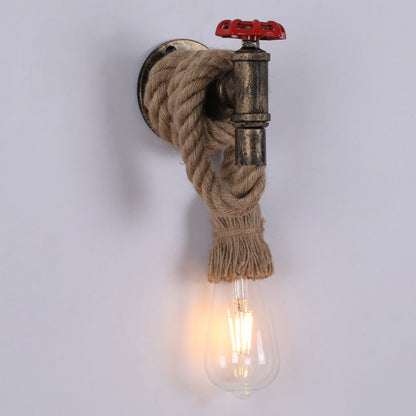 Industrial Hemp Rope Iron Faucet 1-Light Wall Sconce Lamp