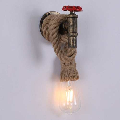 Industrial Hemp Rope Iron Faucet 1-Light Wall Sconce Lamp