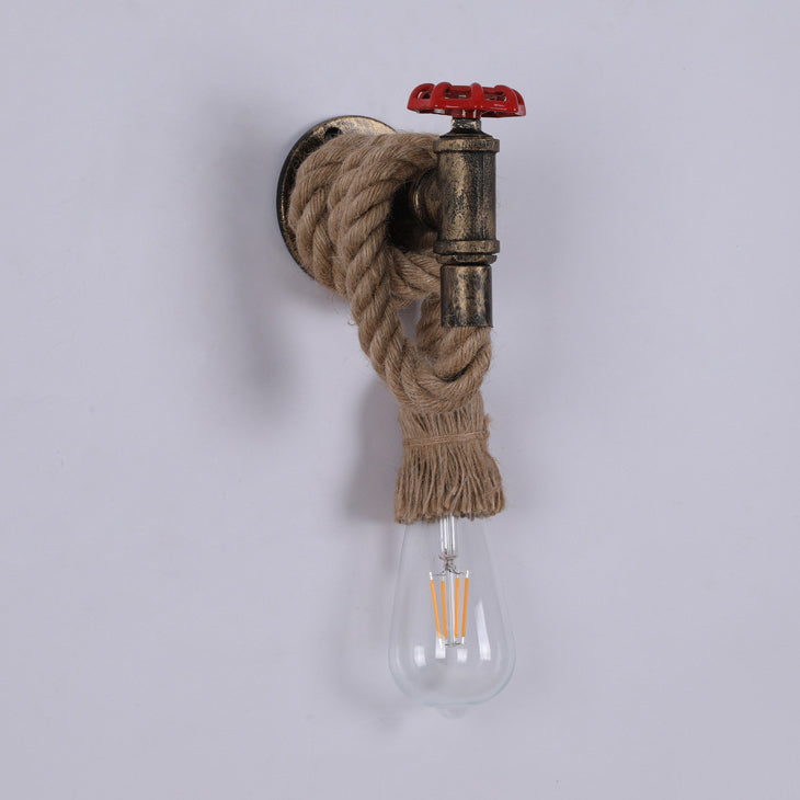 Industrial Hemp Rope Iron Faucet 1-Light Wall Sconce Lamp