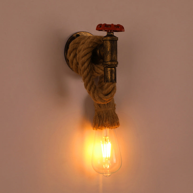 Industrial Hemp Rope Iron Faucet 1-Light Wall Sconce Lamp
