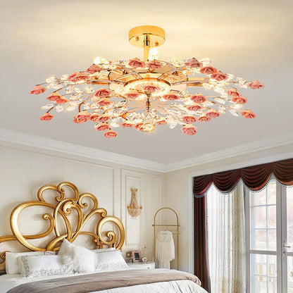 Traditional French Ceramic Crystal Iron Rose & Branch 6/7/8 Light LED Semi-Flush Mount Ceiling Light For Living Room & Bedroom
