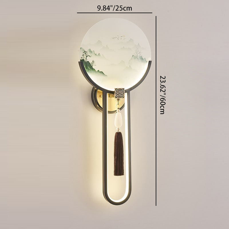 Chinese & Glass Deer & Landscape Round LED Wall Sconce Lamp
