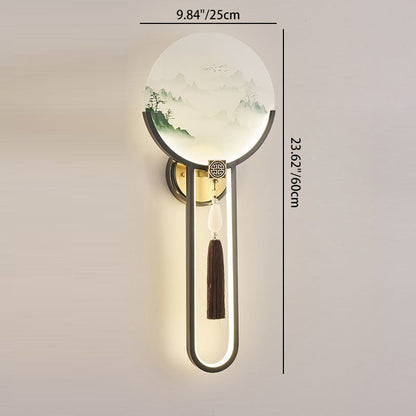 Chinese & Glass Deer & Landscape Round LED Wall Sconce Lamp