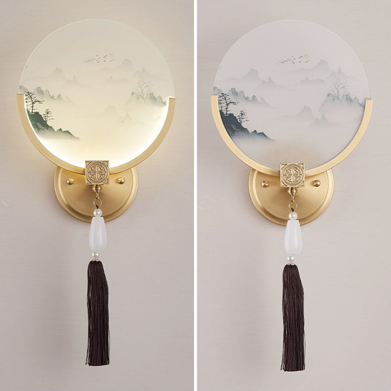 Chinese & Glass Deer & Landscape Round LED Wall Sconce Lamp