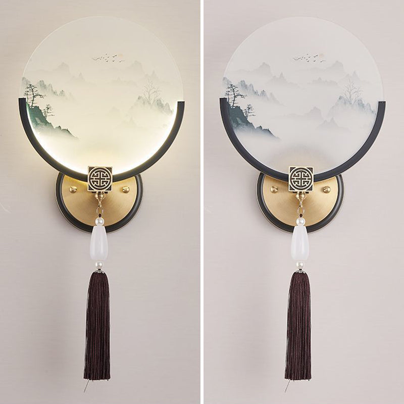 Chinese & Glass Deer & Landscape Round LED Wall Sconce Lamp