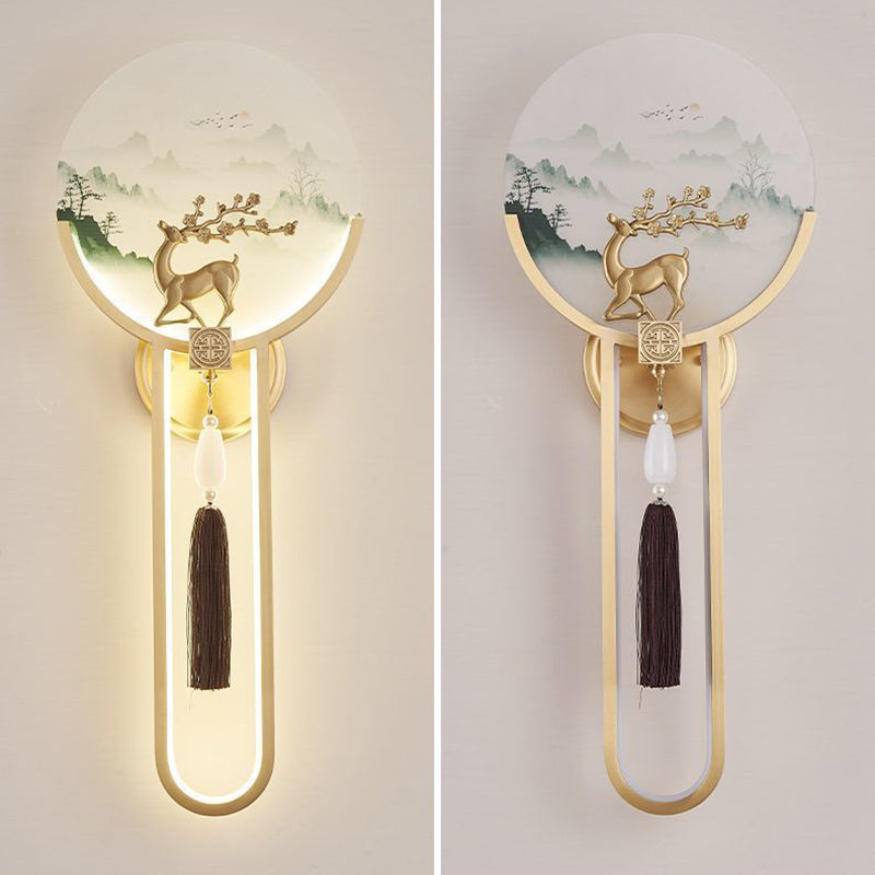 Chinese & Glass Deer & Landscape Round LED Wall Sconce Lamp