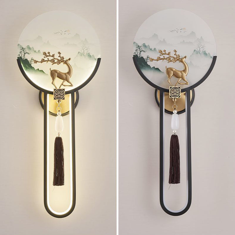 Chinese & Glass Deer & Landscape Round LED Wall Sconce Lamp