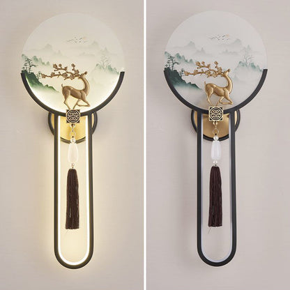 Chinese & Glass Deer & Landscape Round LED Wall Sconce Lamp