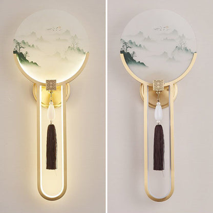 Chinese & Glass Deer & Landscape Round LED Wall Sconce Lamp