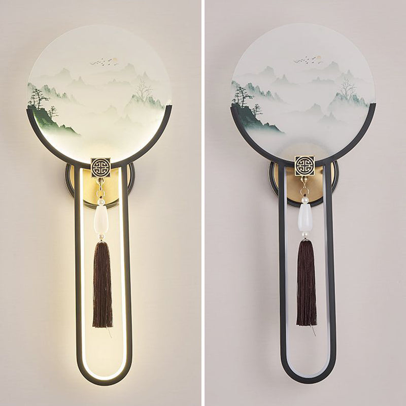 Chinese & Glass Deer & Landscape Round LED Wall Sconce Lamp