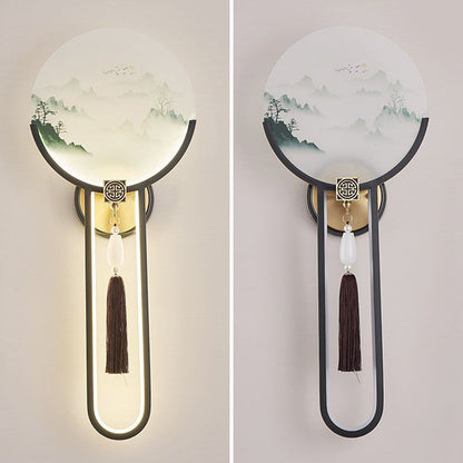 Chinese & Glass Deer & Landscape Round LED Wall Sconce Lamp