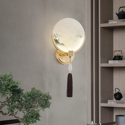Chinese & Glass Deer & Landscape Round LED Wall Sconce Lamp
