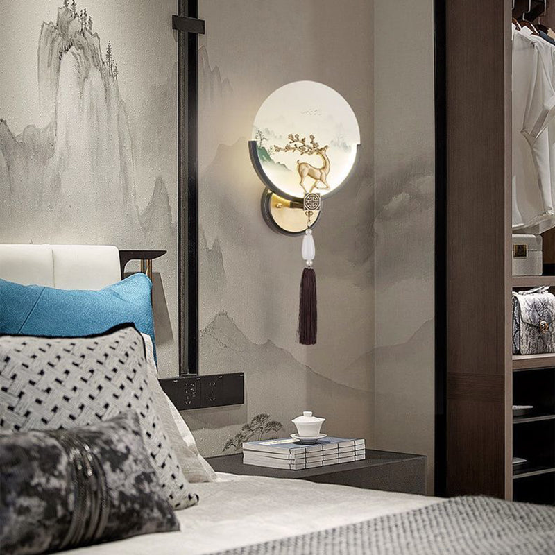 Chinese & Glass Deer & Landscape Round LED Wall Sconce Lamp