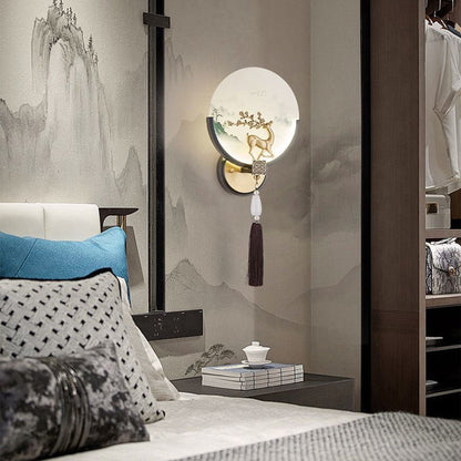 Chinese & Glass Deer & Landscape Round LED Wall Sconce Lamp
