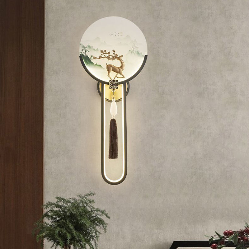 Chinese & Glass Deer & Landscape Round LED Wall Sconce Lamp