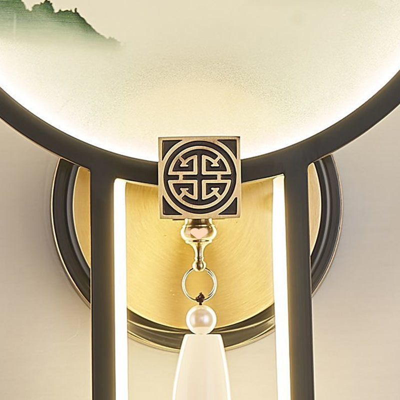 Chinese & Glass Deer & Landscape Round LED Wall Sconce Lamp