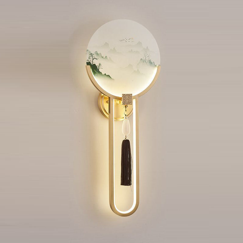 Chinese & Glass Deer & Landscape Round LED Wall Sconce Lamp