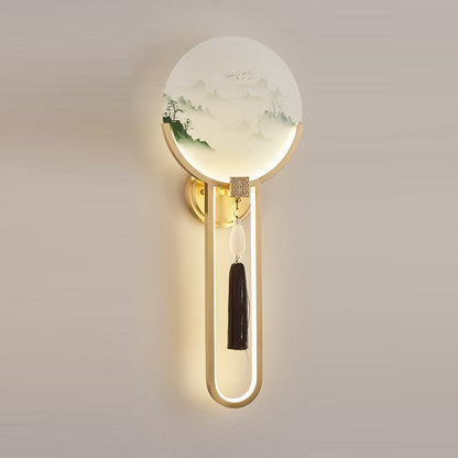Chinese & Glass Deer & Landscape Round LED Wall Sconce Lamp