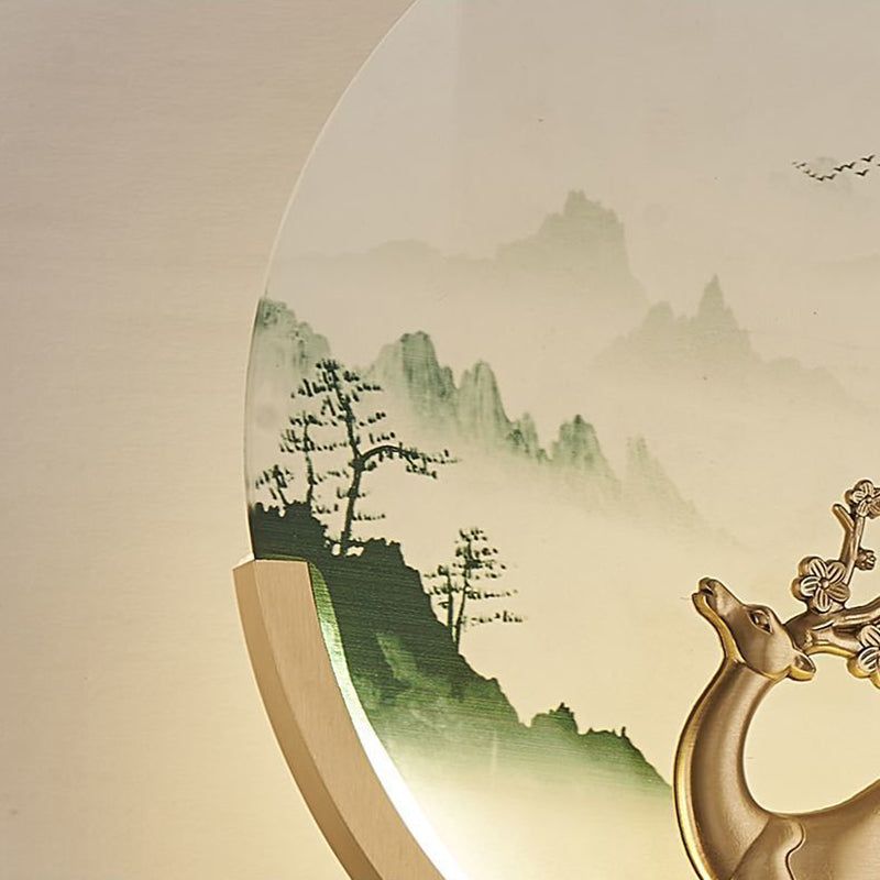 Chinese & Glass Deer & Landscape Round LED Wall Sconce Lamp
