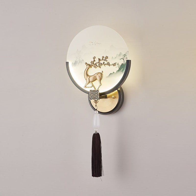 Chinese & Glass Deer & Landscape Round LED Wall Sconce Lamp