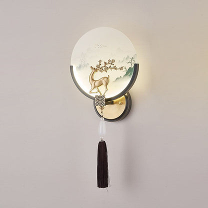 Chinese & Glass Deer & Landscape Round LED Wall Sconce Lamp