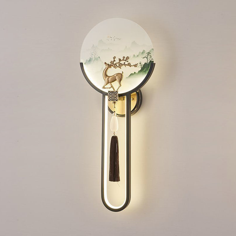 Chinese & Glass Deer & Landscape Round LED Wall Sconce Lamp