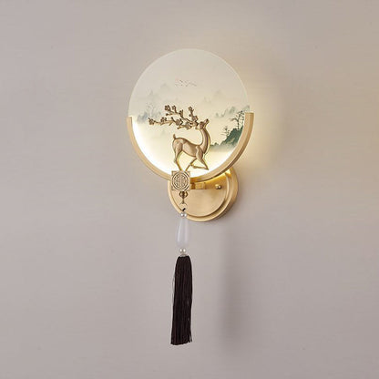 Chinese & Glass Deer & Landscape Round LED Wall Sconce Lamp