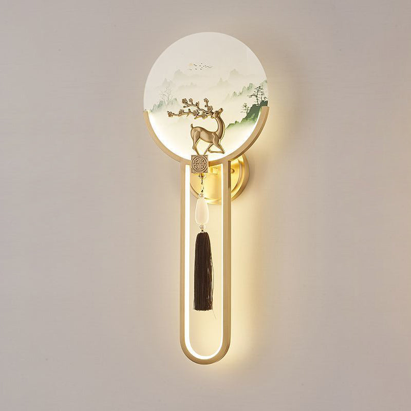 Chinese & Glass Deer & Landscape Round LED Wall Sconce Lamp