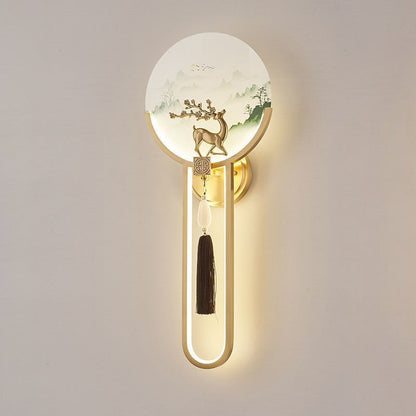 Chinese & Glass Deer & Landscape Round LED Wall Sconce Lamp