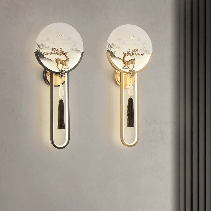 Chinese & Glass Deer & Landscape Round LED Wall Sconce Lamp