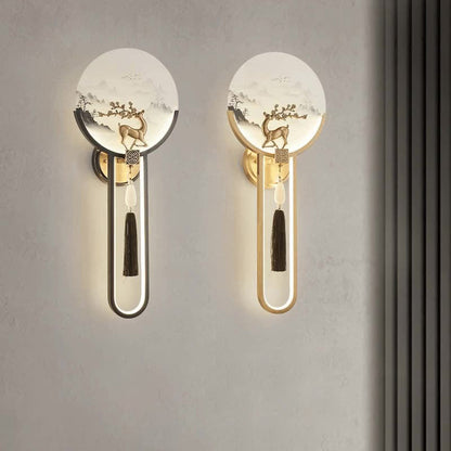 Chinese & Glass Deer & Landscape Round LED Wall Sconce Lamp